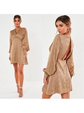 Missguided stone satin Long Sleeve Mini Dress in Gold size 10
